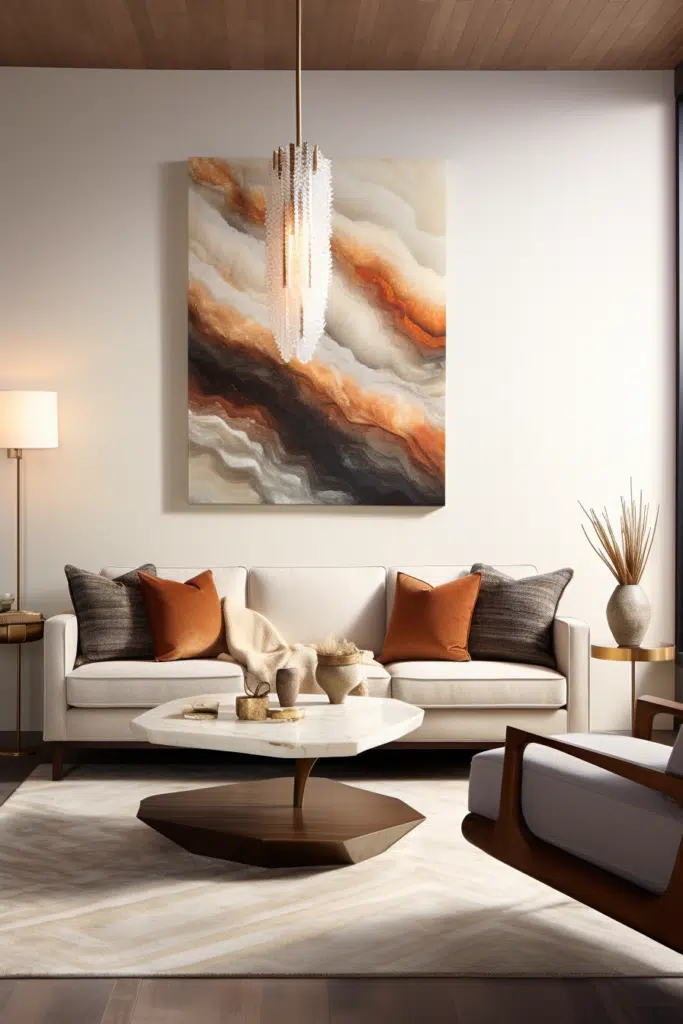 An Organic Modern living room with a large painting on the wall.