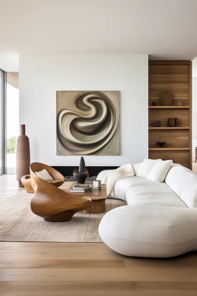 An organic modern white couch in a living room.