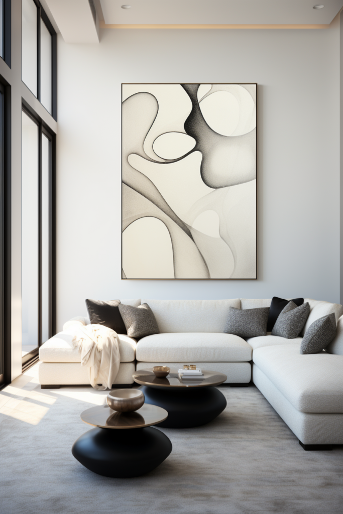 A modern living room with a large black and white painting.