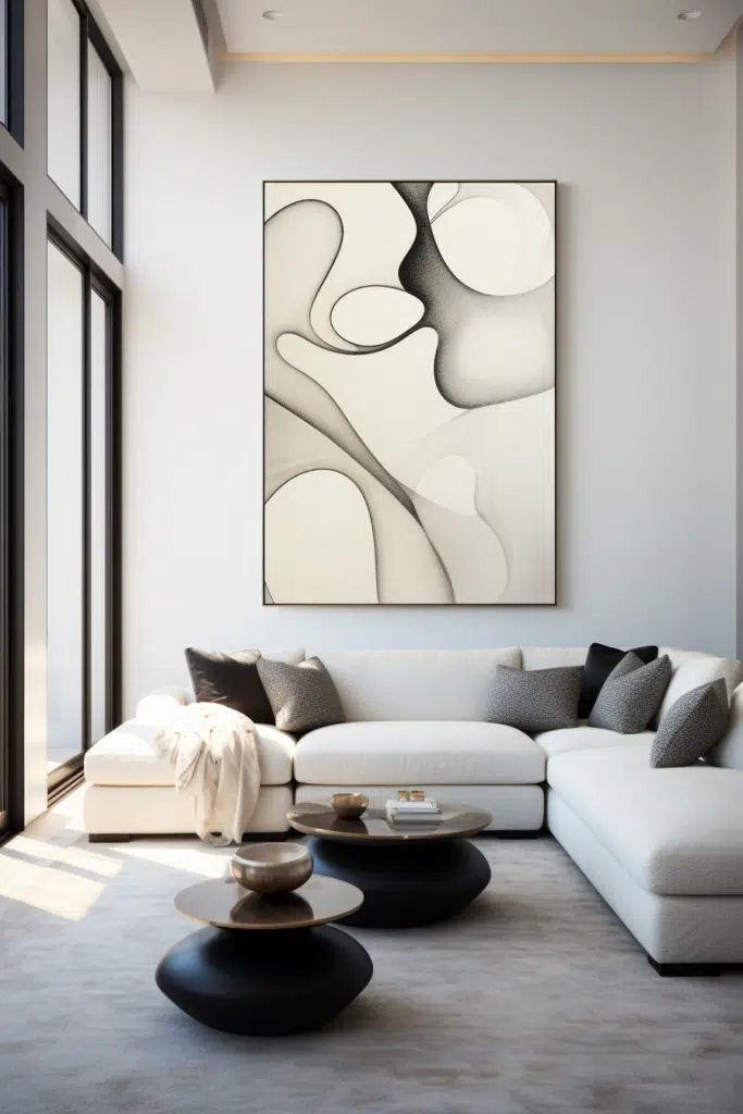 An organic modern living room with a large black and white painting.