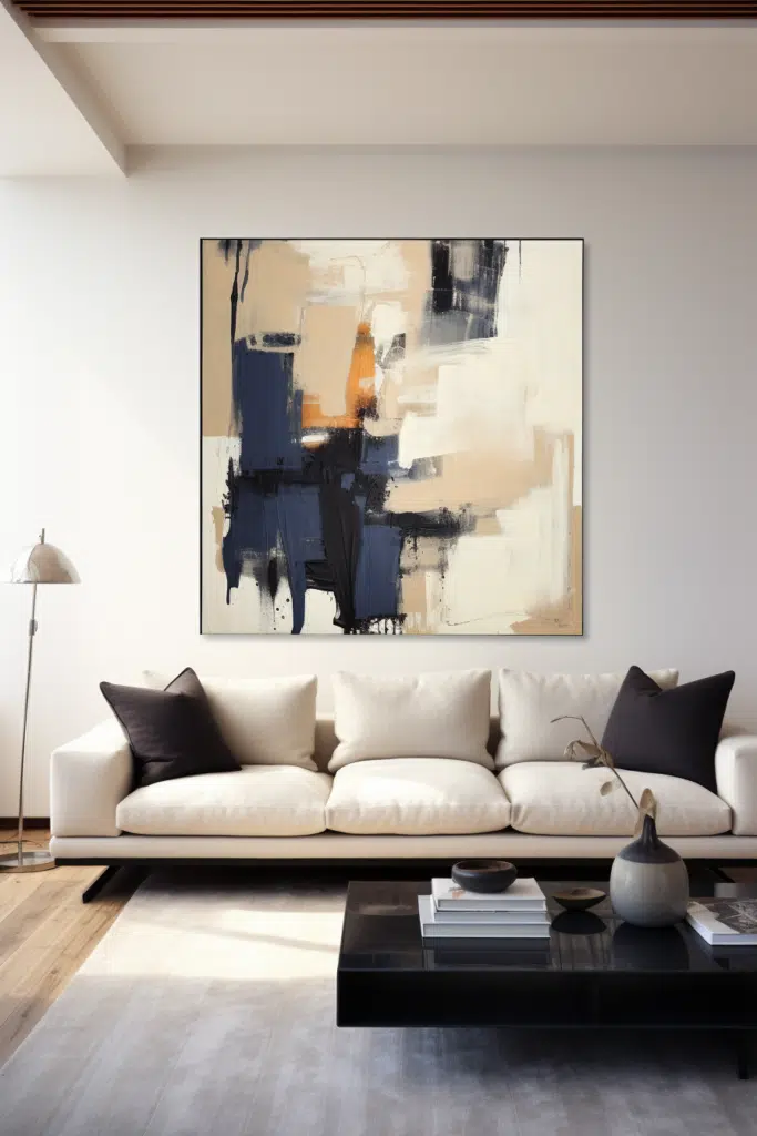An abstract painting in the style of organic modern art hangs above a couch in a living room.