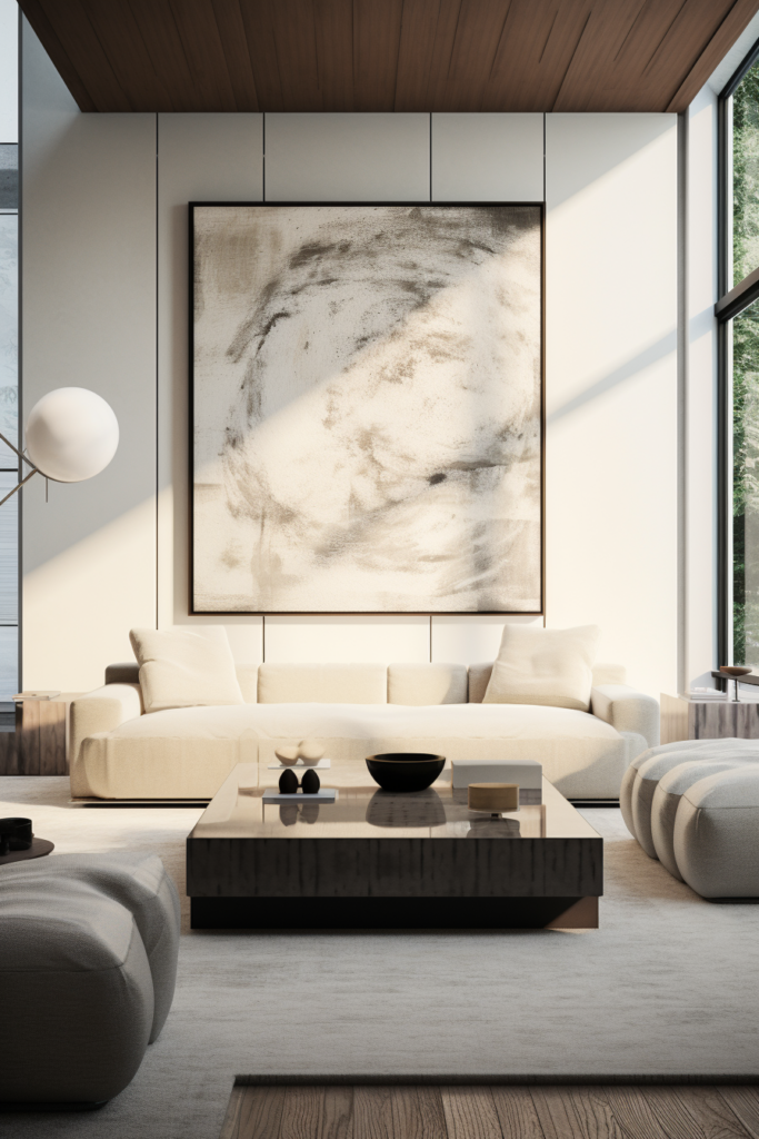 A white living room with a large painting on the wall.