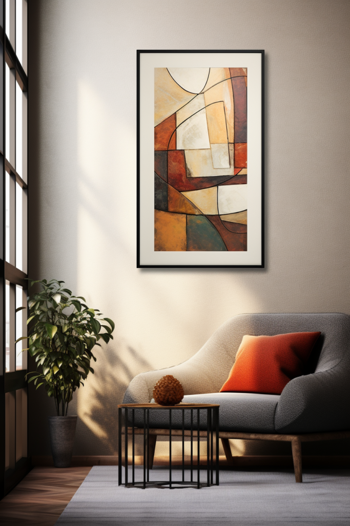 An abstract painting hangs above a couch in a living room.