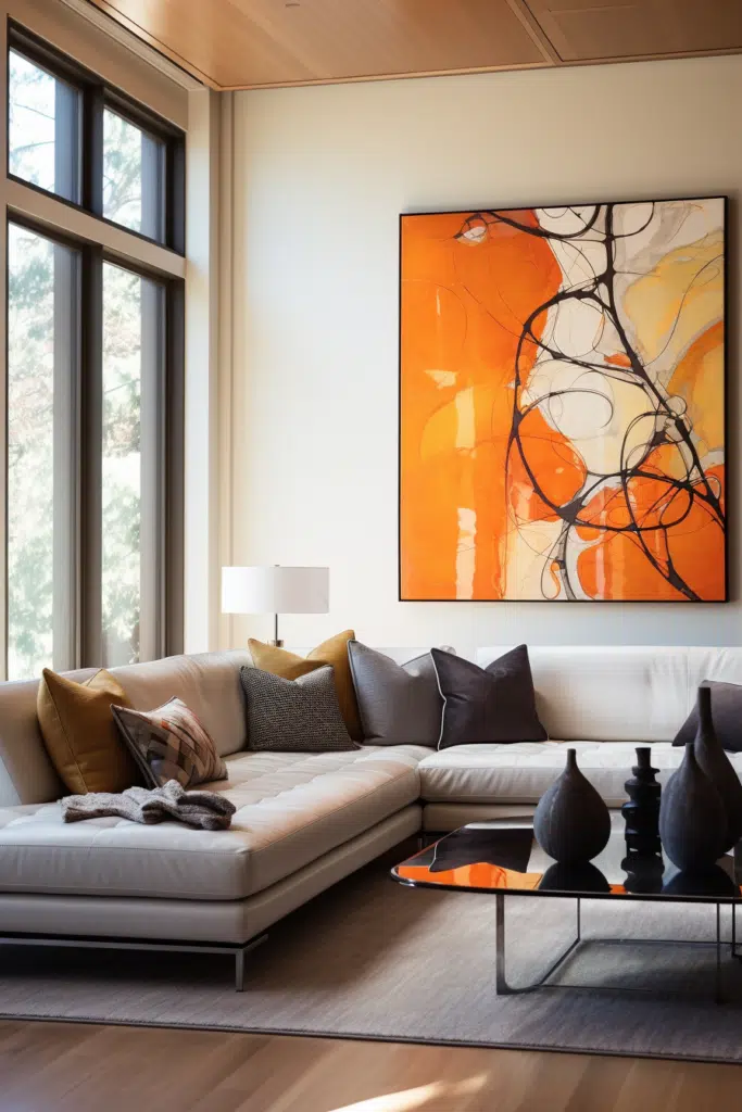 An organic living room with a large orange painting on the wall.