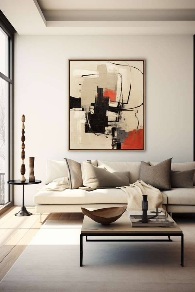A modern living room with a large abstract painting.