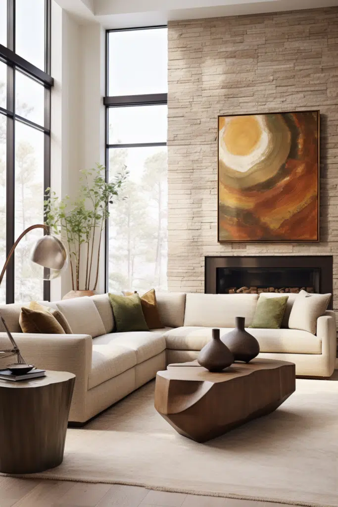 A modern living room featuring an organic design aesthetic and a large window that invites ample natural light.