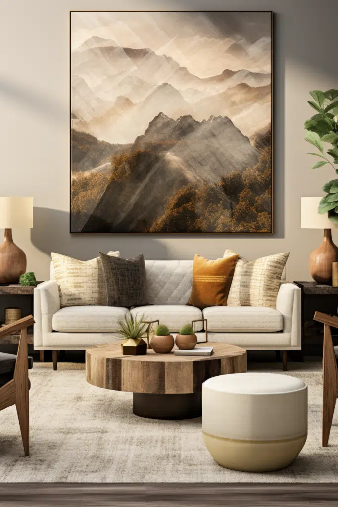 An organic living room with a large painting on the wall inspired by modern art.