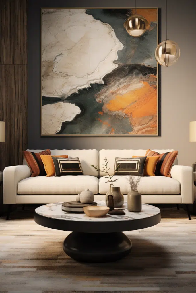 An organic modern living room featuring a large painting on the wall.