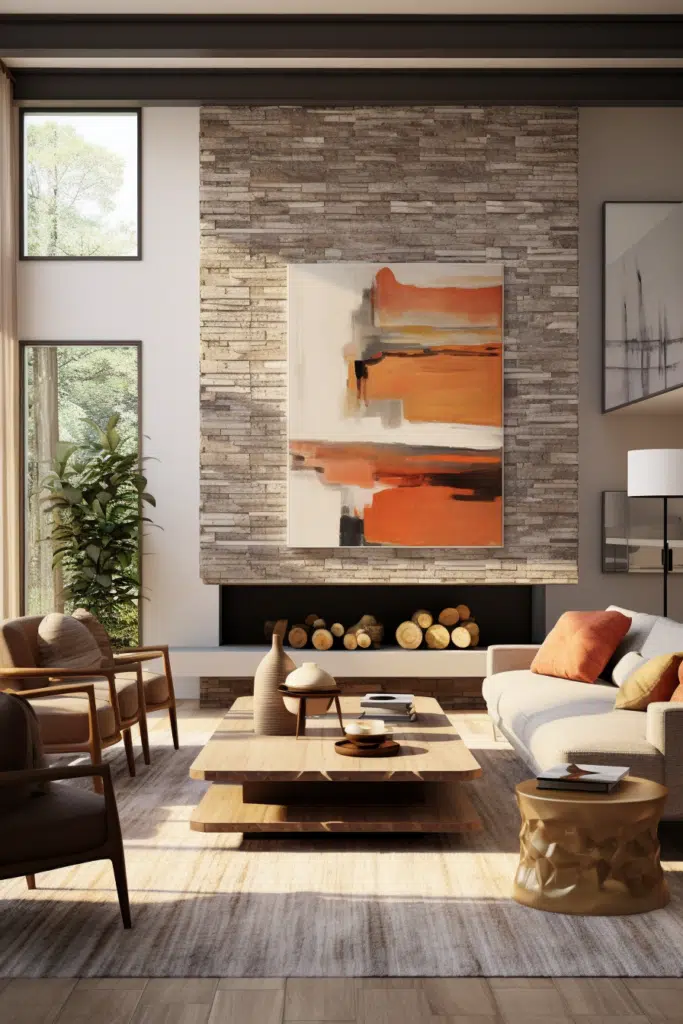 A modern living room featuring an organic stone fireplace.