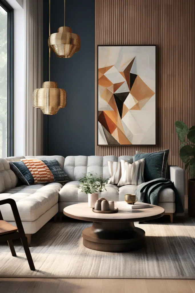 An organic modern living room with blue walls and wooden furniture, showcasing a thoughtful blend of contemporary art.