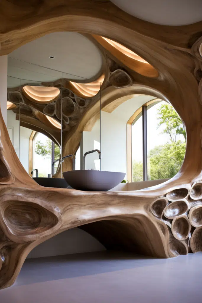 An Organic Modern bathroom with a wooden sink and mirror.