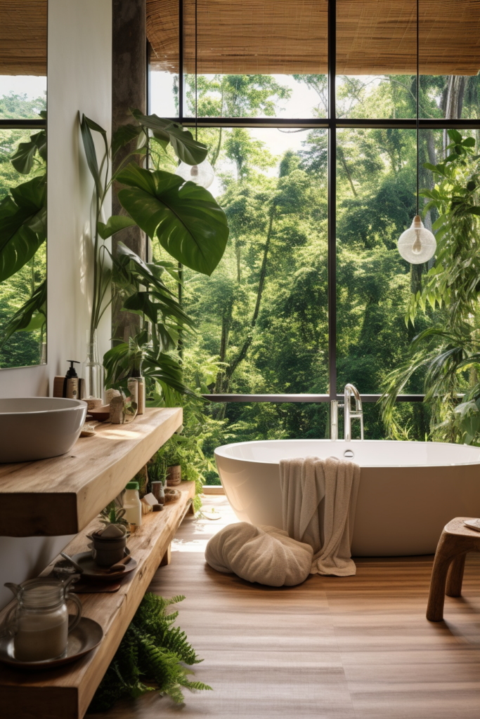 An organic modern bathroom featuring a bathtub surrounded by plants.