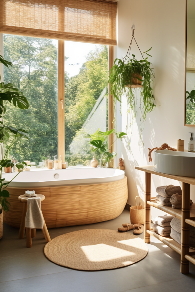 An organic bathroom with a tub, sink, and plants.