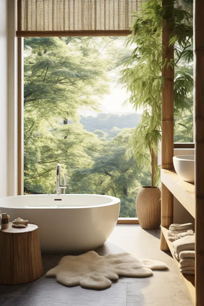 An organic modern bathroom with a bathtub and a view of a tree.