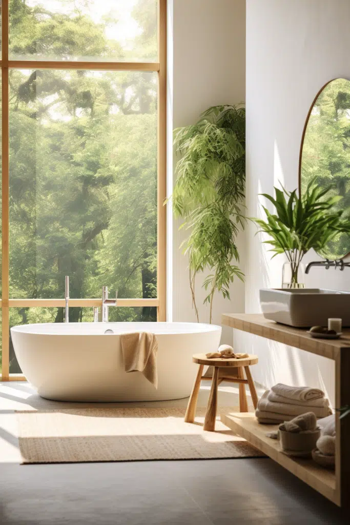 An organic bathroom with a bathtub and a window.