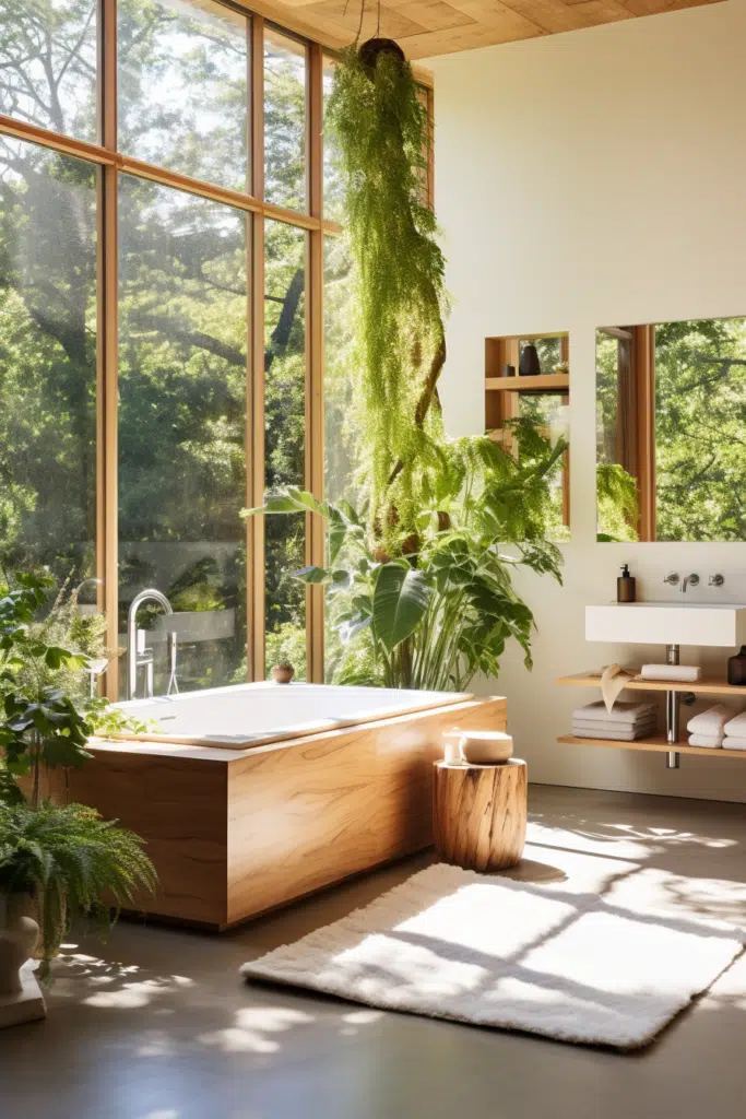 An Organic Modern bathroom with large windows and a tub filled with plants.