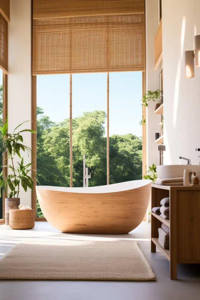 An organic modern bathroom featuring a wooden bathtub and a window.