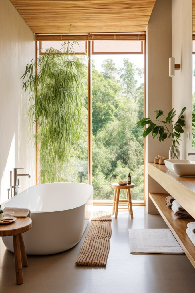 An organic modern bathroom featuring a large tub and a window.