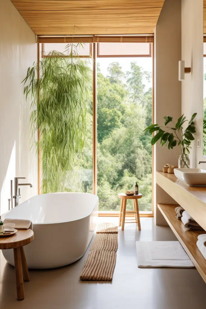 An Organic Modern bathroom with a large tub and a window.