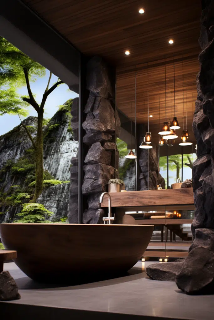 An organic modern bathroom with a tub and a stone wall.