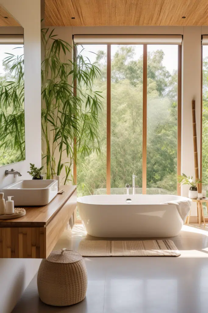         An organic modern bathroom with a tub and sink.
