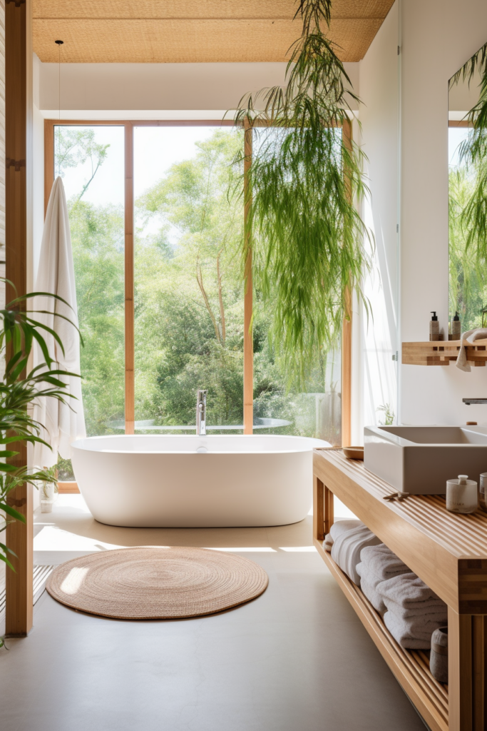 An organic modern bathroom featuring a bathtub and a large window.