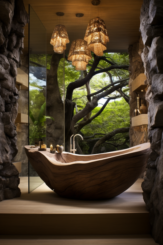 An Organic Modern bathroom featuring a wooden bathtub against a stone wall.
