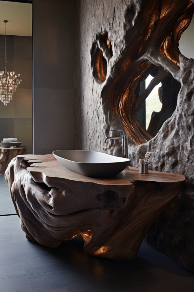 An organic modern bathroom featuring a wooden sink and mirror.