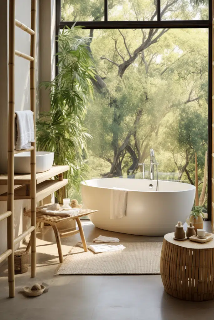 Organic Modern Bathroom with a bathtub and a window.
