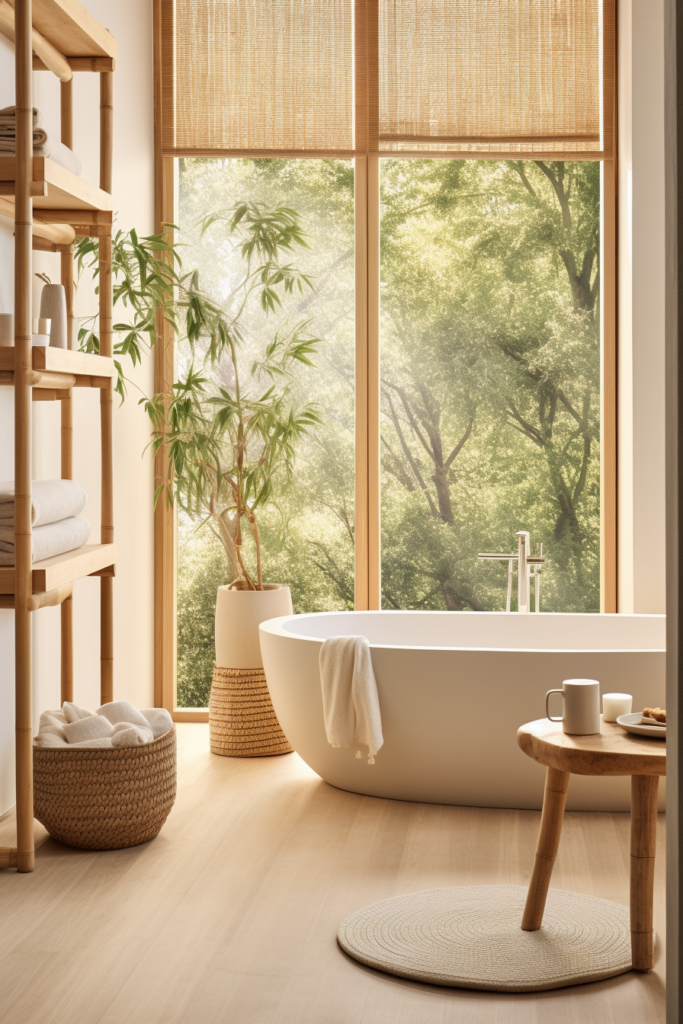 A window allows natural light to flood this organic modern bathroom with a built-in bathtub.