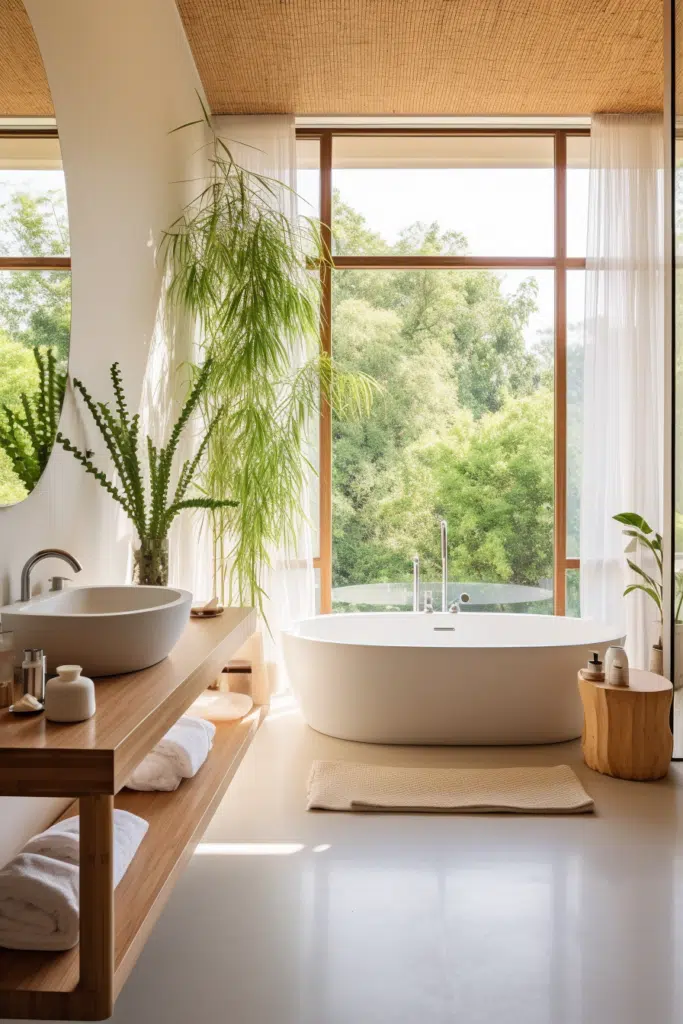 An organic modern bathroom featuring a bathtub and a window.