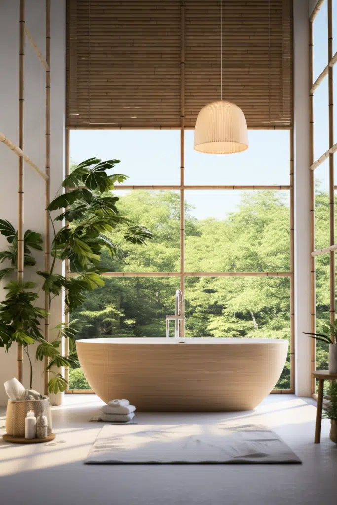 An Organic Modern bathroom with a bamboo tub and a window.