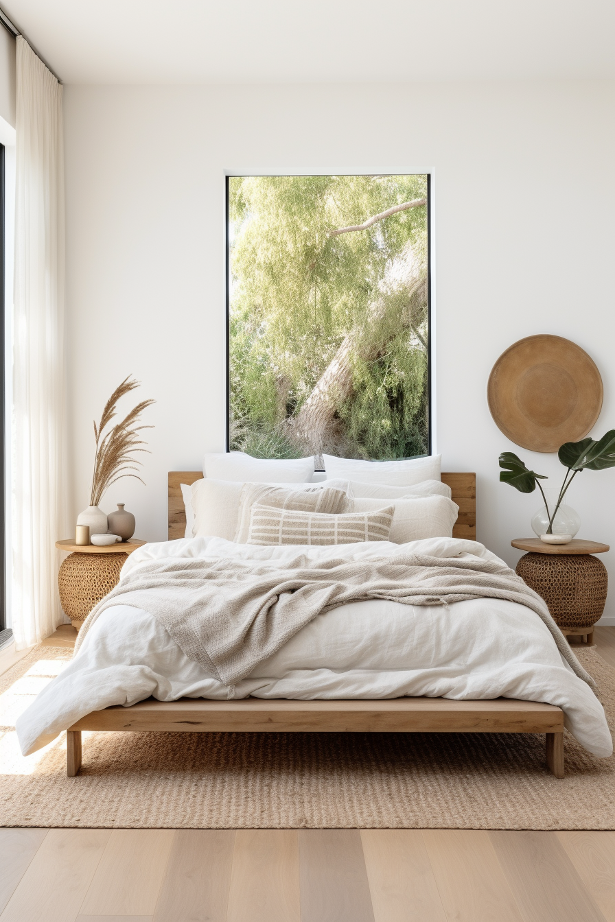 An Organic Modern bedroom with white walls and wooden floors.