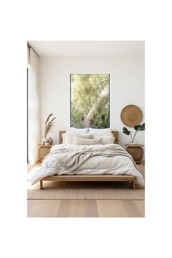 An Organic Modern bedroom featuring a white bed and a framed picture of a tree.