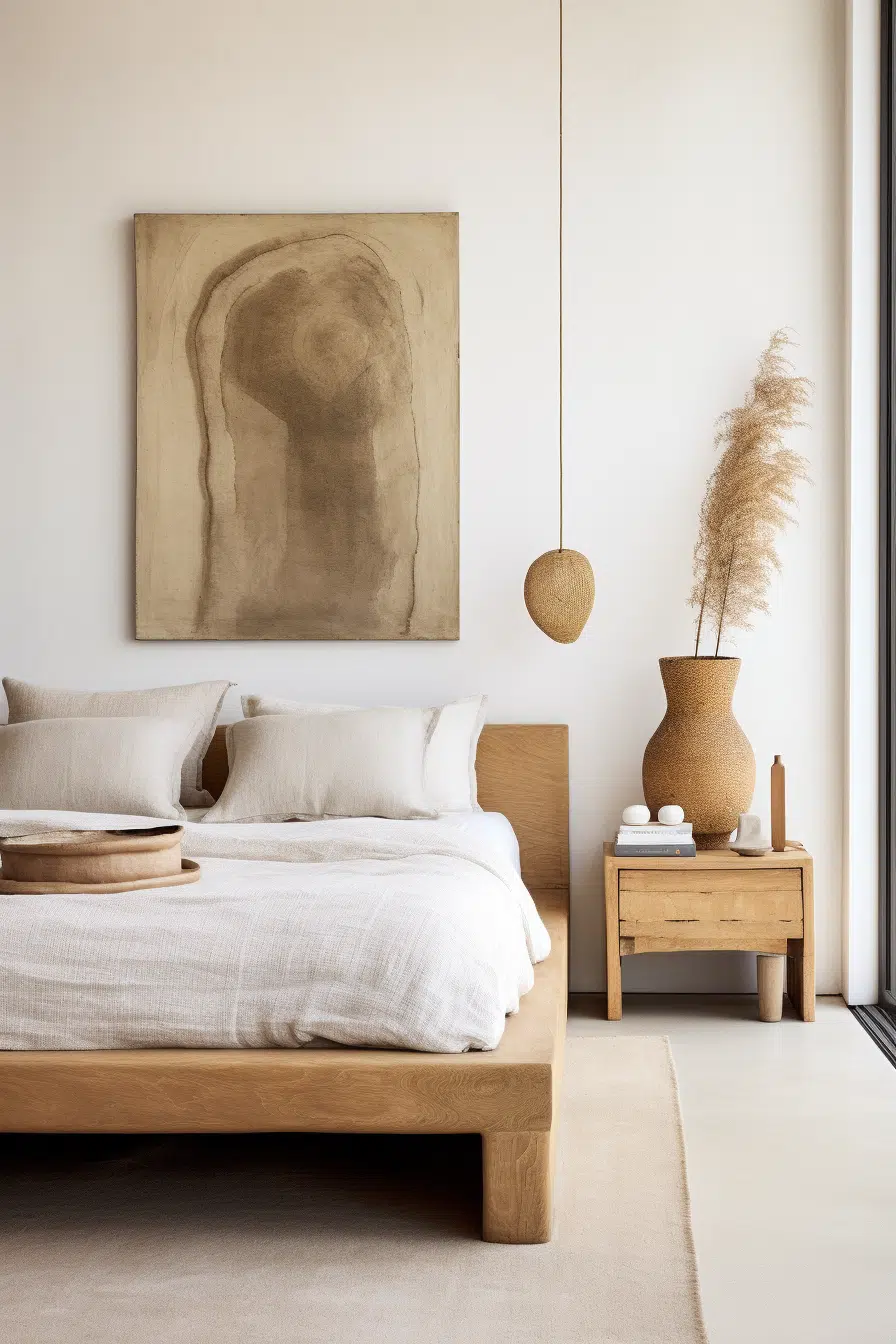 An organic modern bedroom with a white bed and a painting.