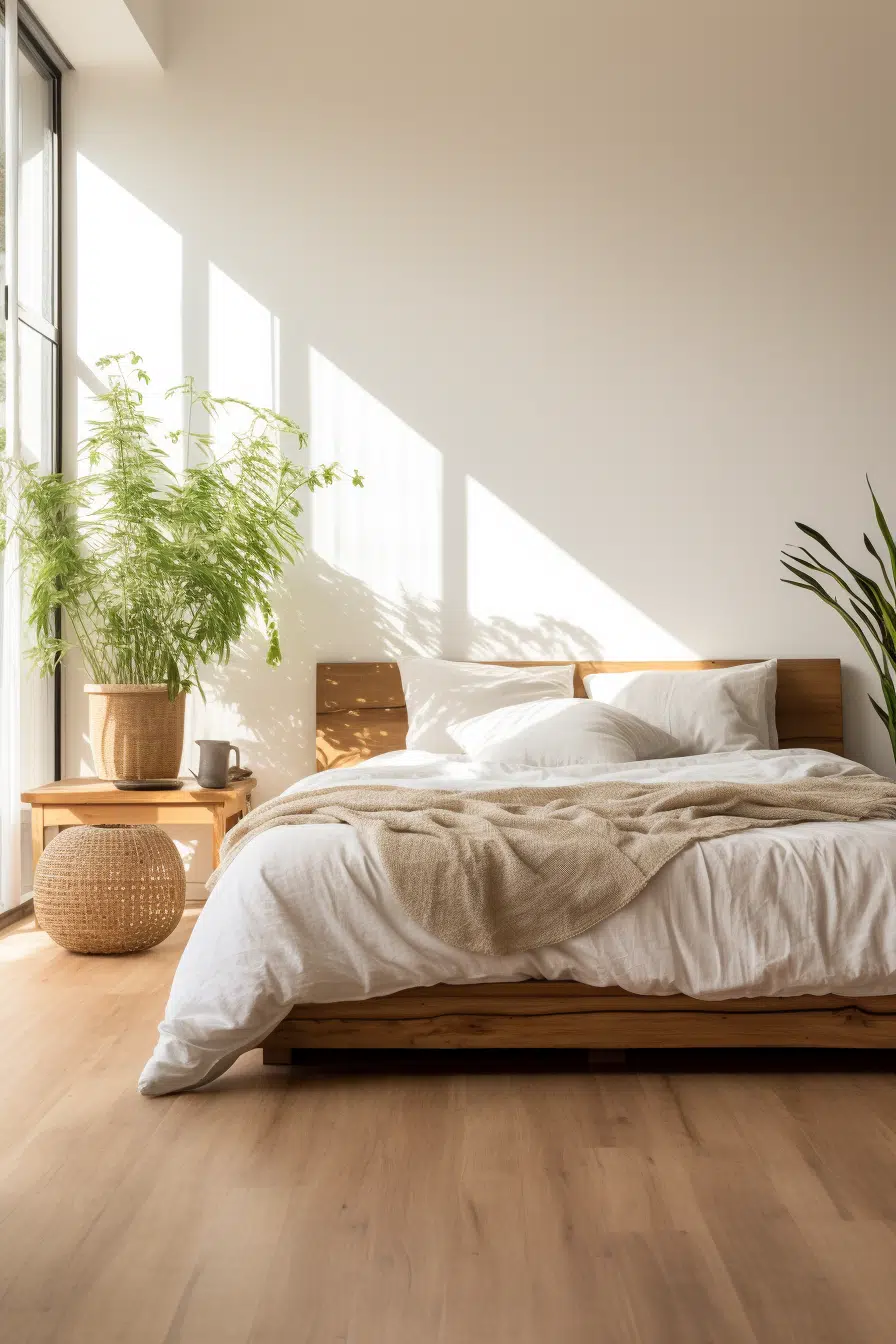 An Organic Modern bedroom with a potted plant and wooden floors.