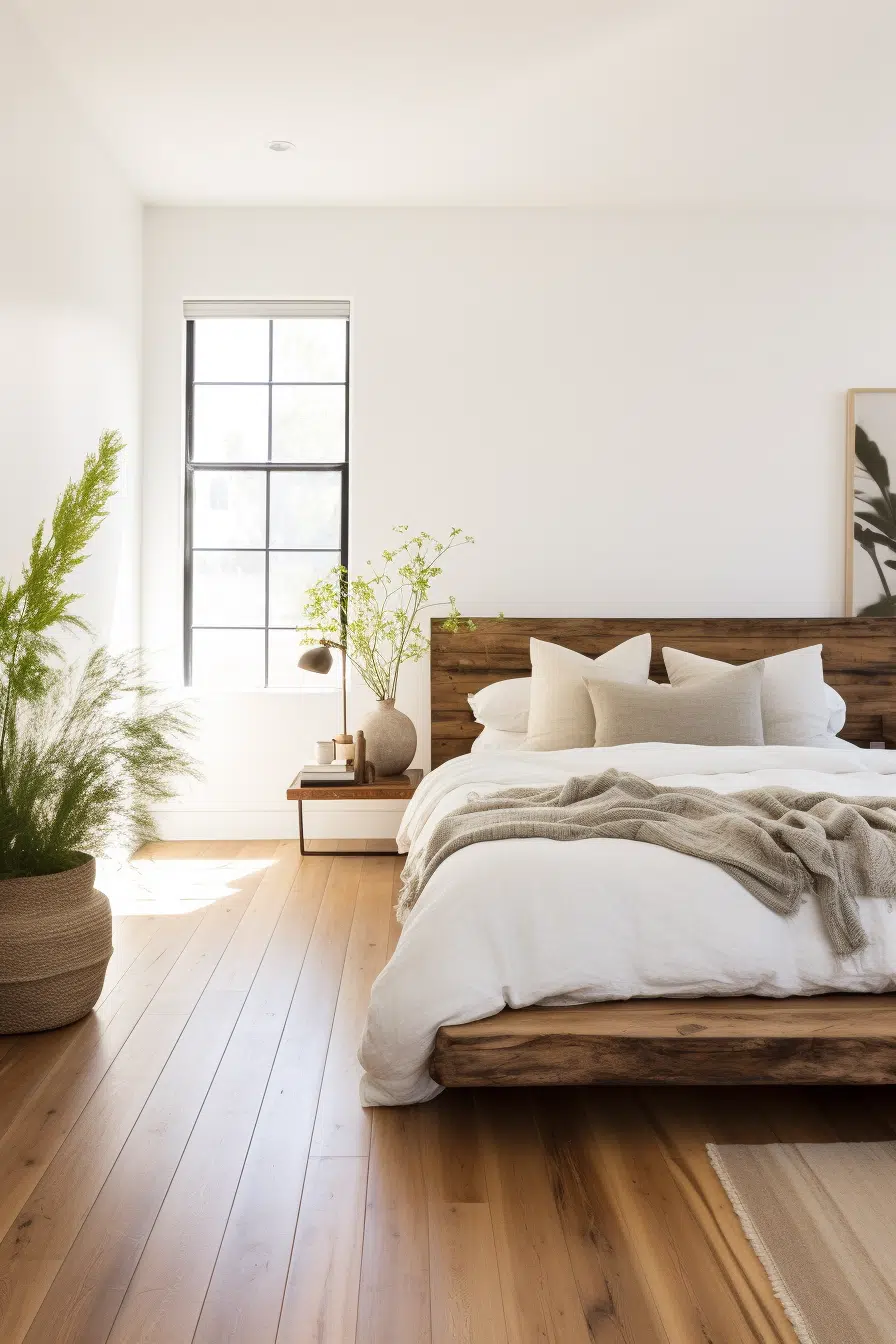 An Organic Modern bedroom with white walls, wood floors, and a cozy bed.