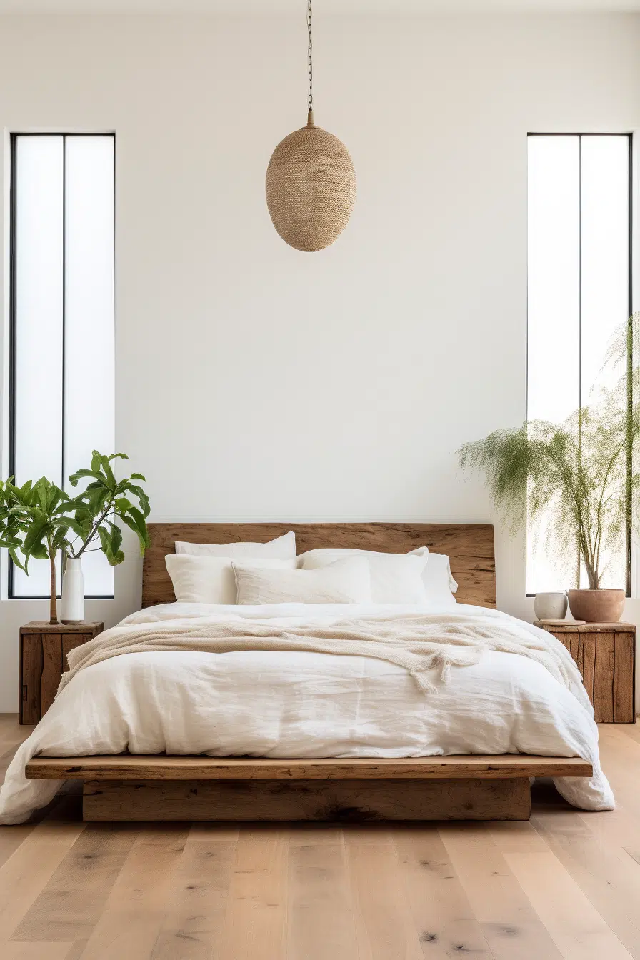 An organic modern bedroom with wooden floors and a wooden bed.