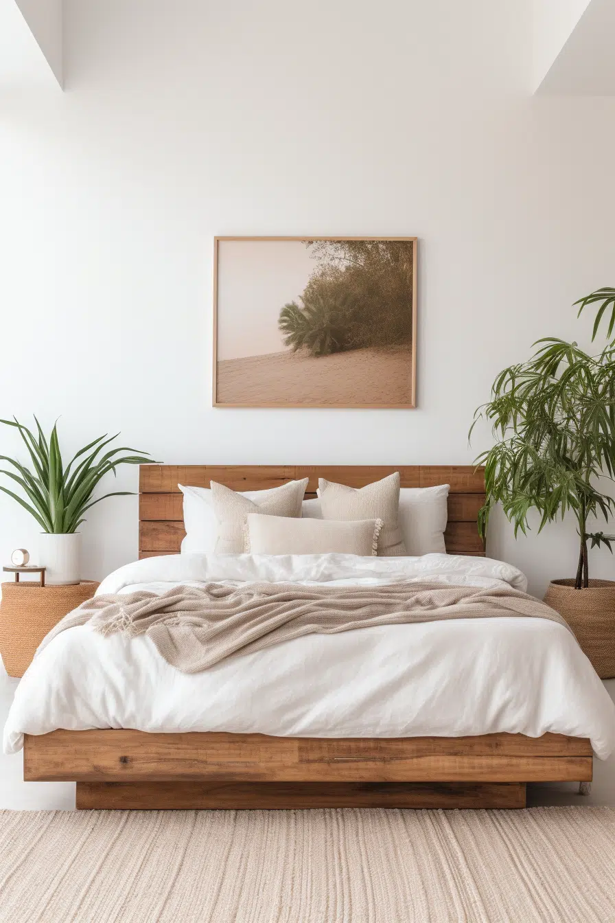 An organic bedroom with a wooden bed and a potted plant.