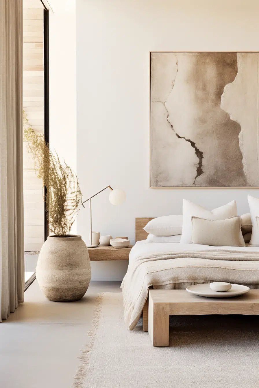 A white bedroom with a large painting on the wall in an Organic Modern style.