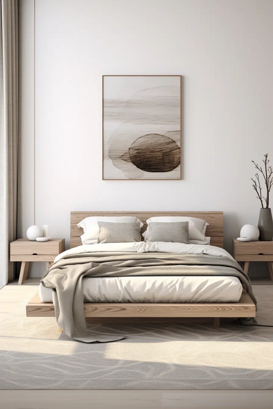 An Organic Modern bedroom with a wooden bed and a painting on the wall.