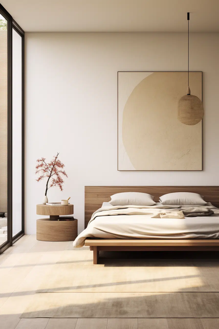 An organic modern bedroom with a wooden bed.