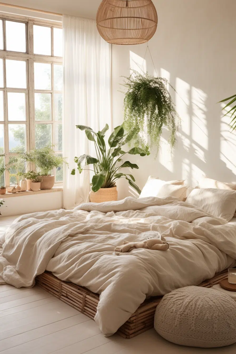 An Organic Modern Bedroom with a white bed nestled among plants and a window.
