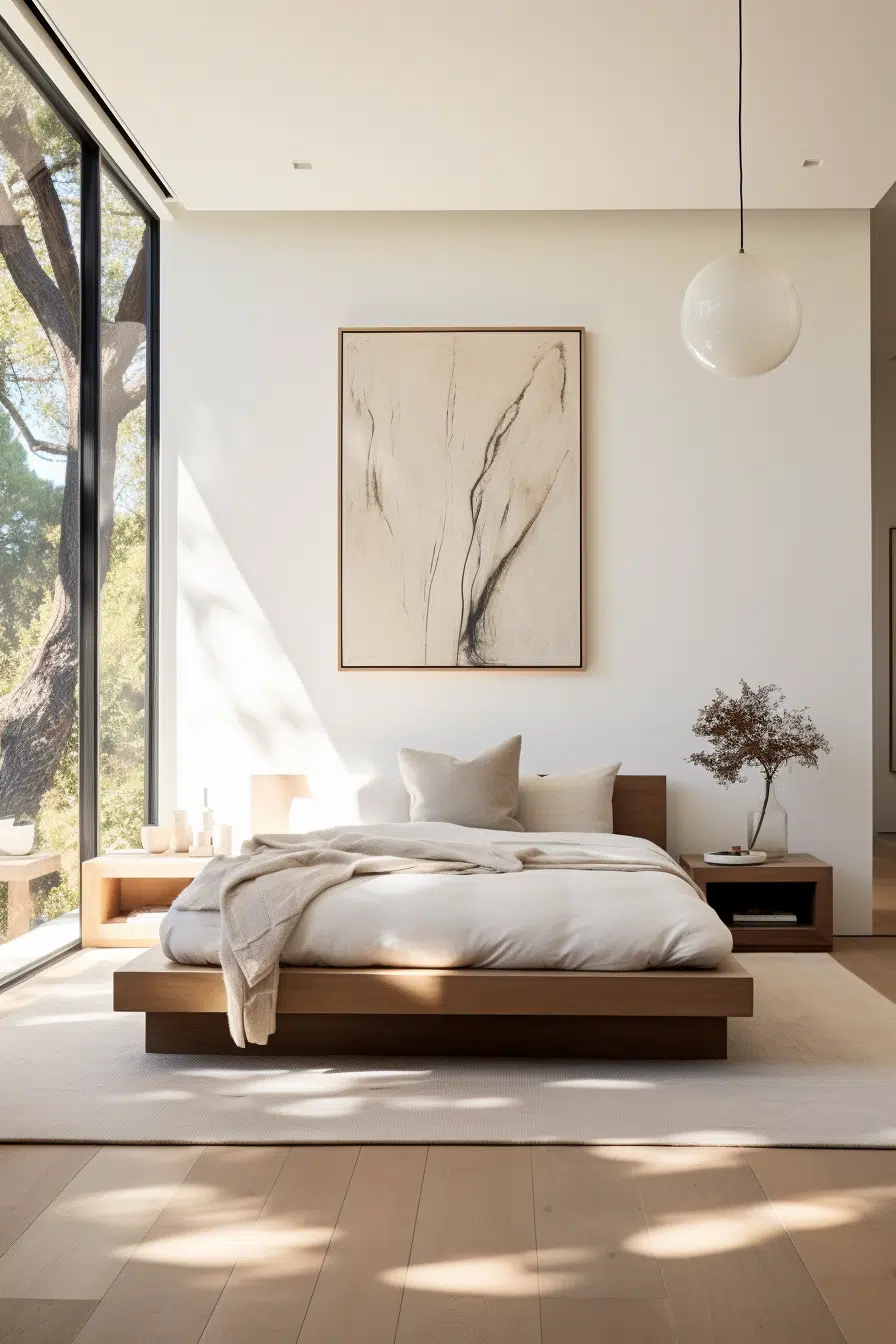 An organic modern bedroom with wooden floors and large windows.
