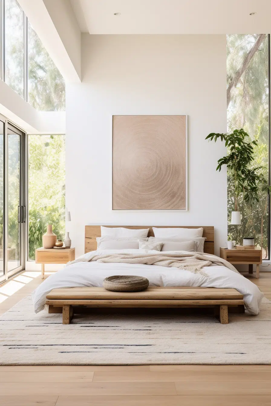An Organic Modern bedroom featuring a white color palette and wooden floors and bed.
