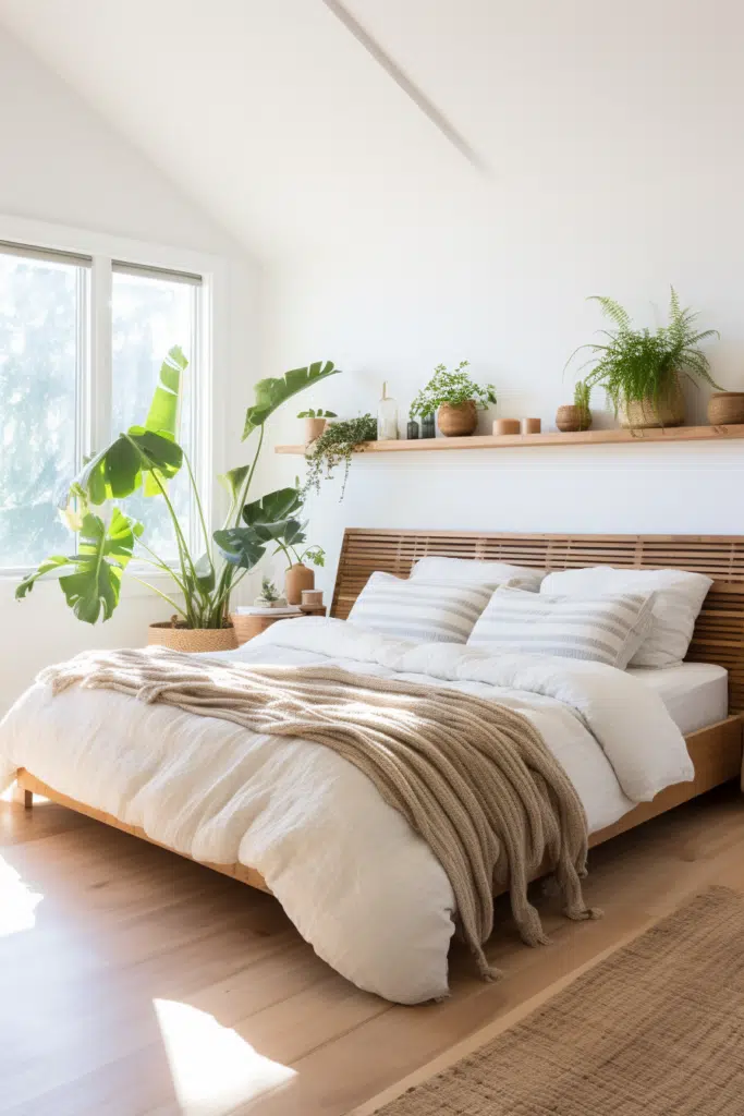An organic bedroom with plants on the floor.