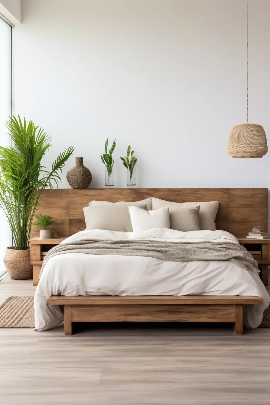 An organic modern bedroom with a wooden bed and a potted plant.