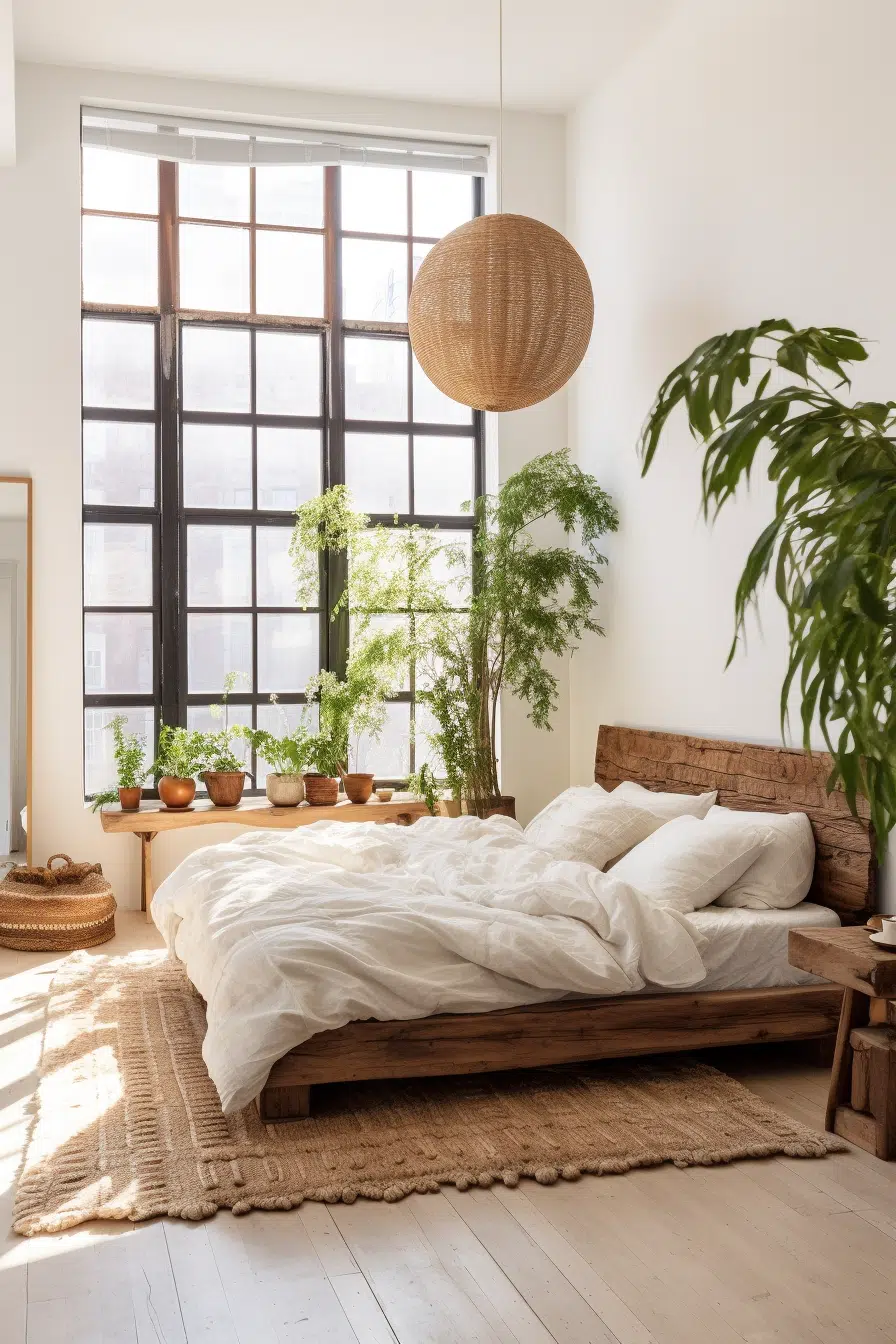 An organic bedroom with a bed and plants.