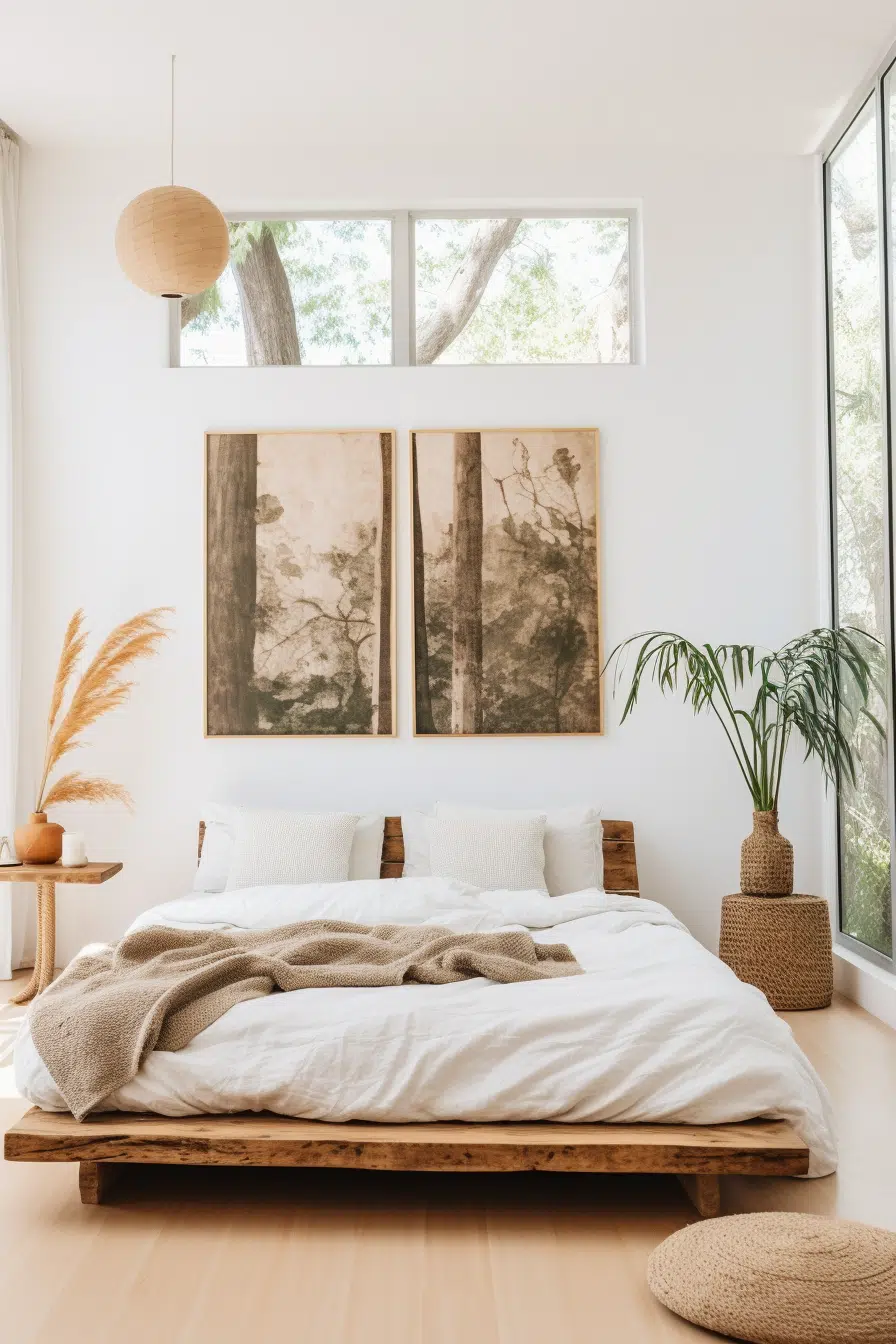 A bedroom with organic modern design featuring white walls and wooden floors.