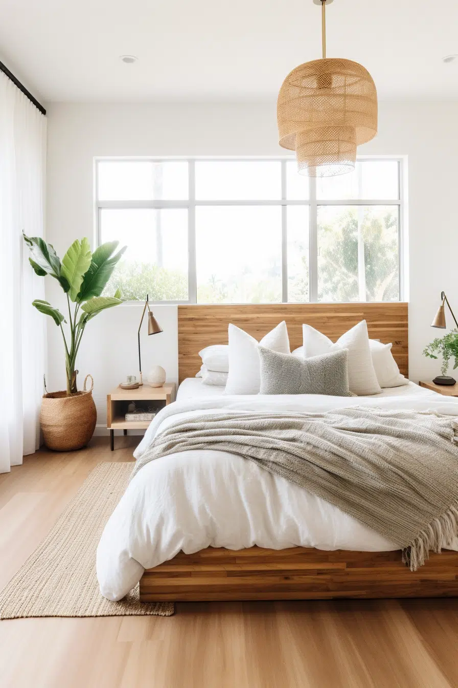 An organic modern bedroom with a white bed and wooden floors.